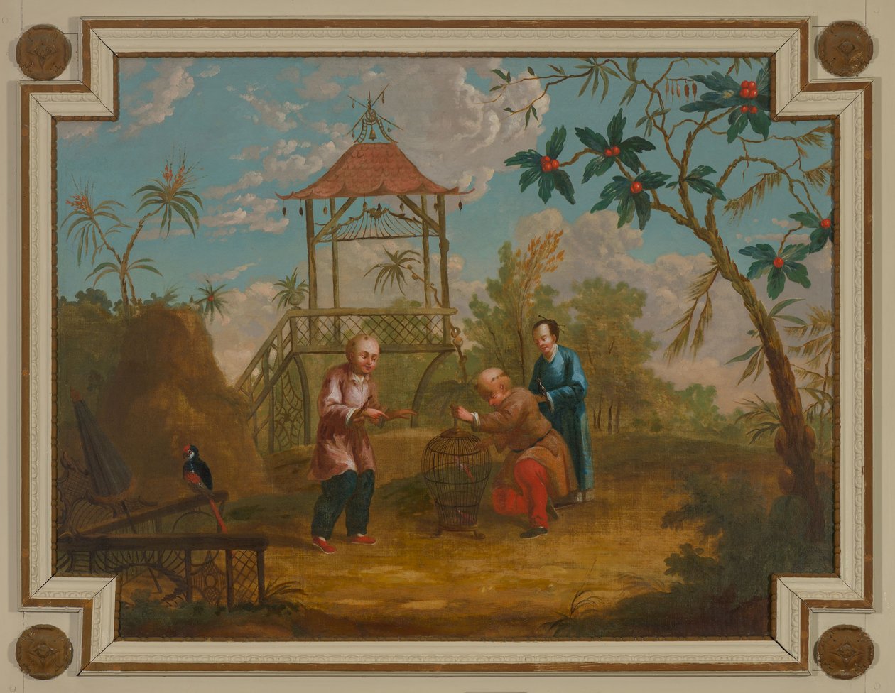 Overdoor Piece with Three Figures Around a Birdcage by anonymous 