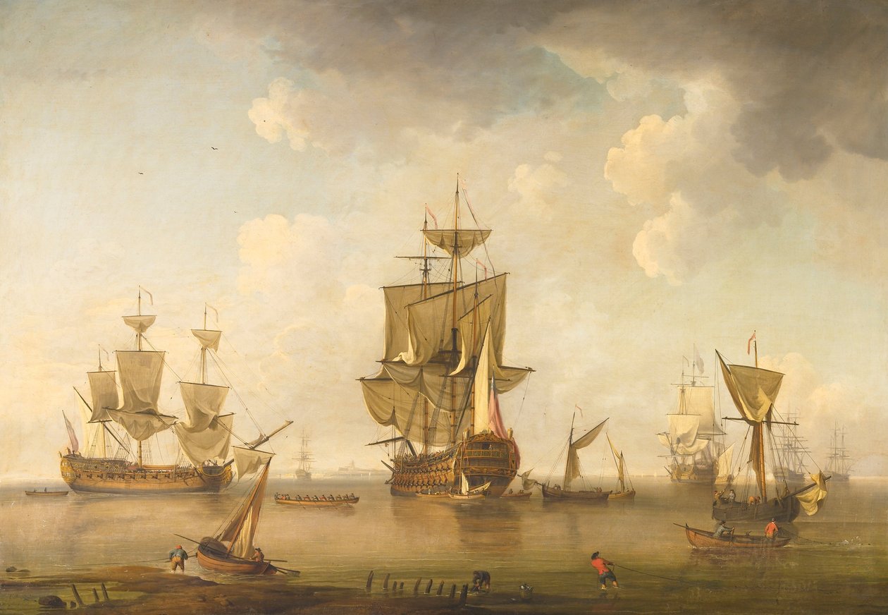 Men of War in Harbour by attributed to Charles Brooking