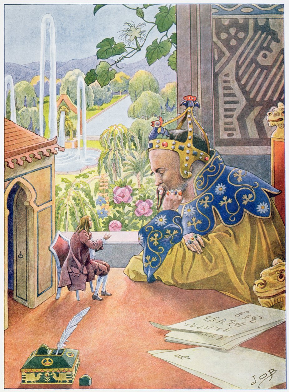 Gulliver describes the system of government in England to the King of Brobdingnag, c.1900 by Jacques Marie Gaston Onfray de Breville (Job)