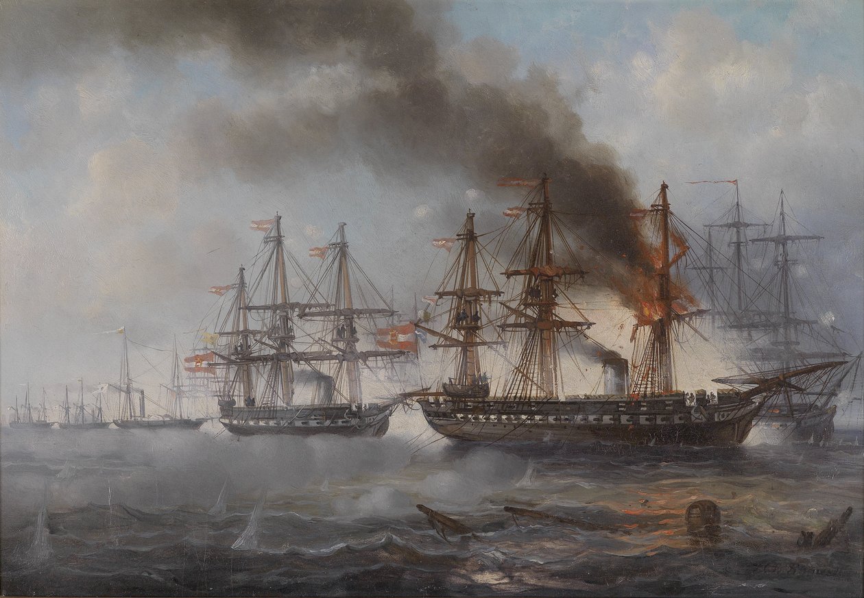 The Naval Battle of Helgoland 1864 (the Burning Austrian Frigate Schwarzenberg, Behind the Frigate Radetzky) by Josef Karl Berthold Puttner