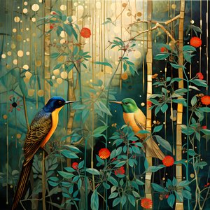 Hummingbirds and a Frog in the Forest 1