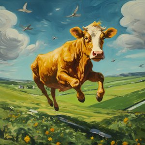 Cow Flying Over a Green Meadow 4