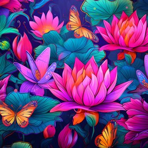 Seamless Pattern of Lotus Flowers and Butterflies 4