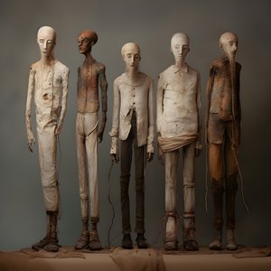 Four Clay Figures of Men Standing Side by Side 4