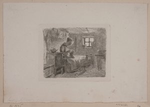 Farmhouse with a Knitting Woman