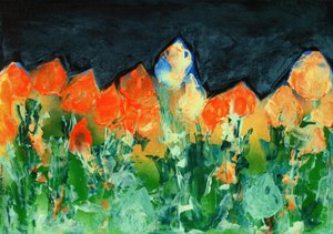 Black Rain Sky over a Mountain Landscape with Flowers