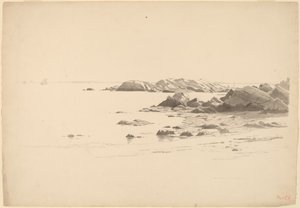 Rocklined Beach with Distant Boats