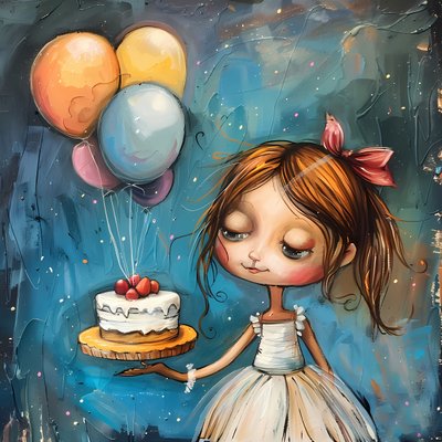 A Girl Holding Birthday Cake & Balloons by F. Abderrahim