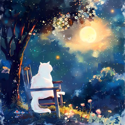 A white cat sits on an old wooden chair at night in the moonlight by F. Abderrahim