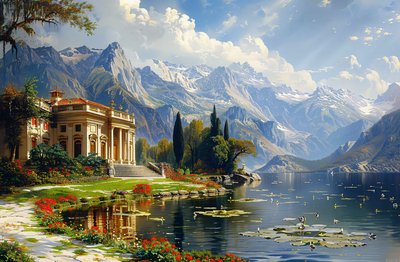 Cityscape Painting: Ancient Greece Style Villa & Lake by F. Abderrahim