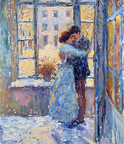 Impressionist oil painting of a romantic couple by F. Abderrahim