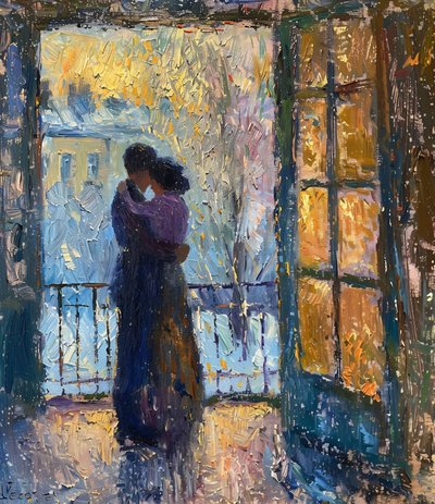Impressionist oil painting of a couple in love by F. Abderrahim