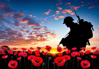 Silhouette of a soldier in sunset with poppy flowers by F. Abderrahim