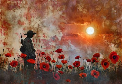 Silhouette of a soldier in a field of poppy flowers by F. Abderrahim