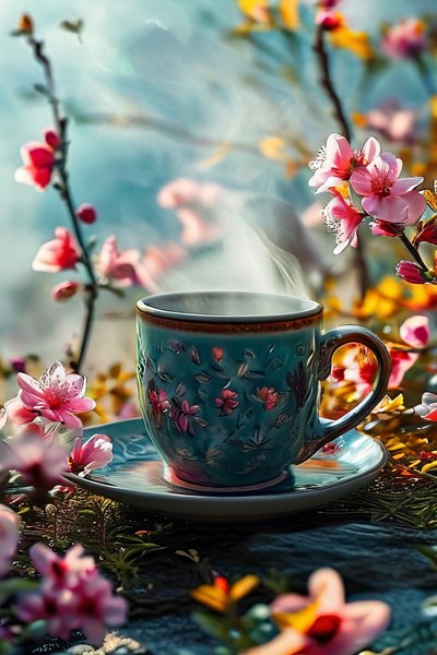 A surreal cup of coffee lined with flowers by F. Abderrahim