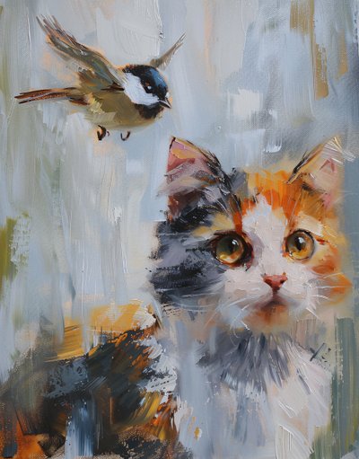 Abstract oil painting: orange & grey calico cat & bird by F. Abderrahim