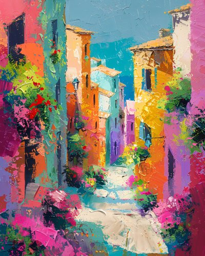 Abstract painting: colorful houses in a Mediterranean village street by F. Abderrahim