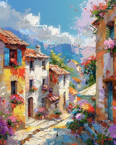 Abstract painting: colorful houses in an old traditional city by F. Abderrahim