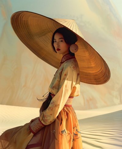 Chinese woman in a yellow kimono on a desert by F. Abderrahim