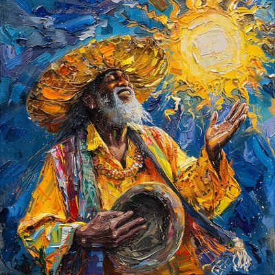 Happy Mexican man with hat dancing, Van Gogh brush strokes style by F. Abderrahim