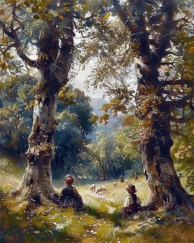 Children Sitting under Trees in the Forest by F. Abderrahim