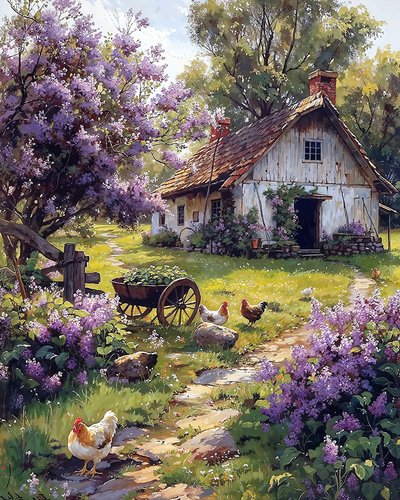 Flowers and Poultry in a Wooden Cabin Garden by F. Abderrahim