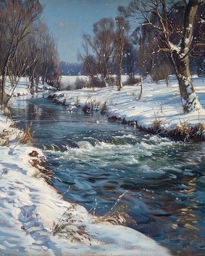 Landscape of a Stream in Winter and Snow by F. Abderrahim