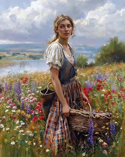 A Beautiful Peasant Woman Harvesting Fruits in Spring by F. Abderrahim