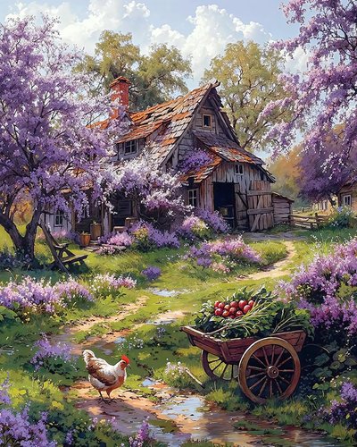 Traditional farmhouse surrounded by pink flowers by F. Abderrahim