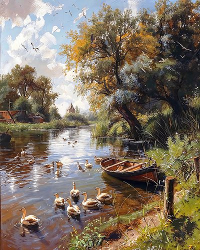 Quiet lake, birds and wooden boat by F. Abderrahim