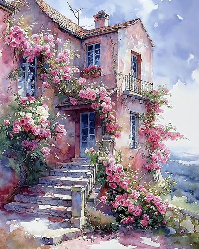 House surrounded by climbing plants with red and pink flowers by F. Abderrahim