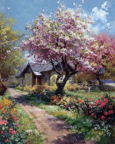 A country house garden in spring, roses and flowers by F. Abderrahim