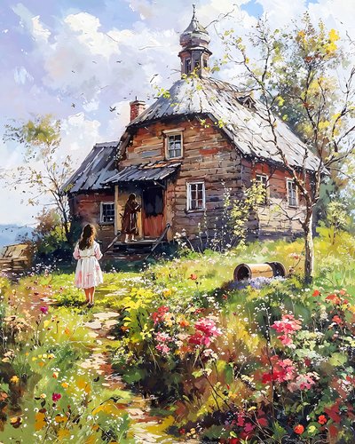 A girl and her mother in front of a wooden house by F. Abderrahim
