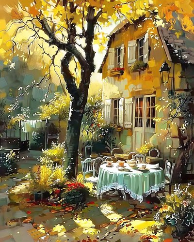 Lunch table in the garden of a house in France by F. Abderrahim