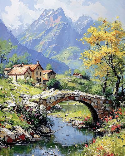 Landscape with Sunset Over Mountains by F. Abderrahim