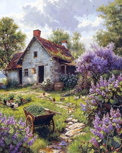 Traditional farmhouse surrounded by pink flowers by F. Abderrahim