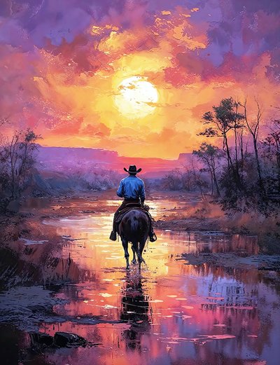 Western Knight in a Red Sunset Landscape by F. Abderrahim
