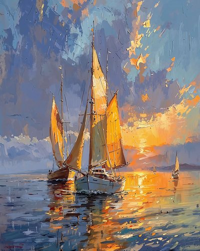 Sailing Boats at Sea at Sunset by F. Abderrahim