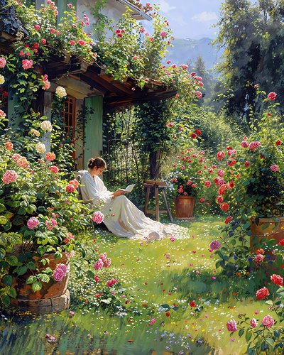 A Reading Woman Wearing a White Dress Reads a Book in Her Garden by F. Abderrahim