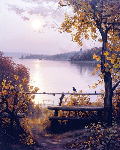 A garden of a house in the countryside next to a lake by F. Abderrahim