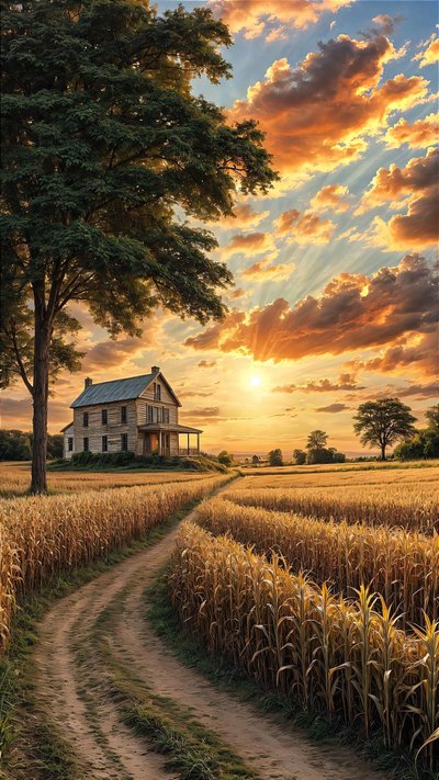 A Country House on a Dirt Road, Surrounded by a Cornfield by F. Abderrahim