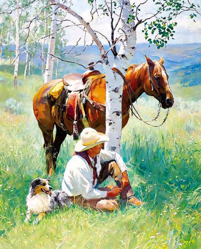 A Knight & His Dog and Horse Rest Under a Tree by F. Abderrahim