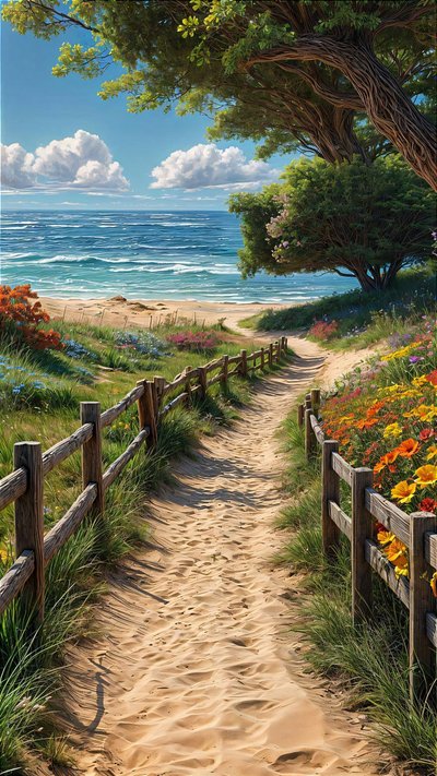 A Sandy Path Leads to a Beautiful Beach with a Wooden Fence and Colorful Flowers by F. Abderrahim