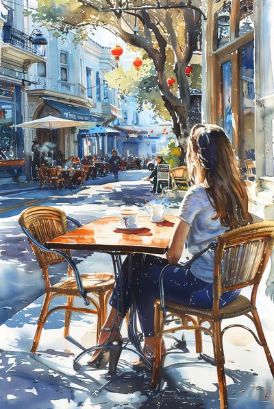 A Woman Sits in a Chair at a Café on a Street in Paris by F. Abderrahim
