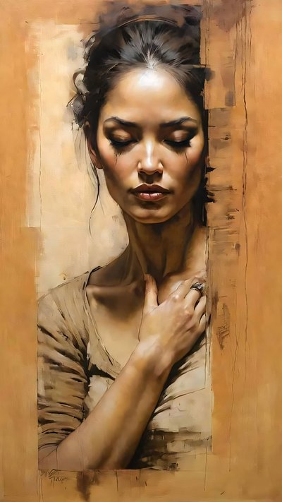 Beautiful woman behind the door on light brown background by F. Abderrahim