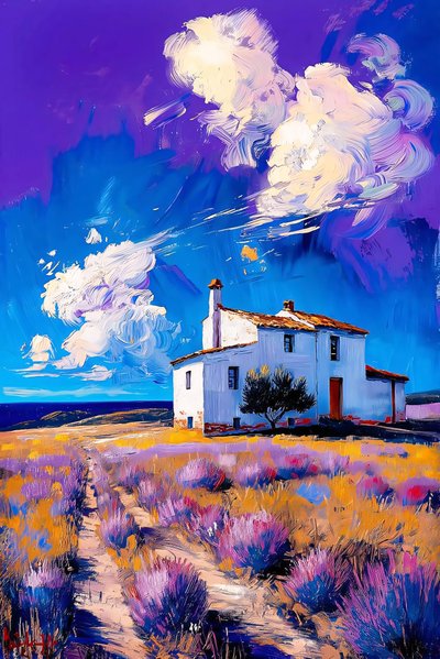 Country house landscape, lavender field, blue sky and white clouds by F. Abderrahim