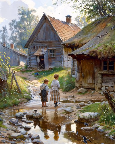 Daily rural life. Village Street, Children in front of a wooden cabin by F. Abderrahim