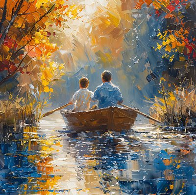 Father and son on a boat sailing on a stream by F. Abderrahim