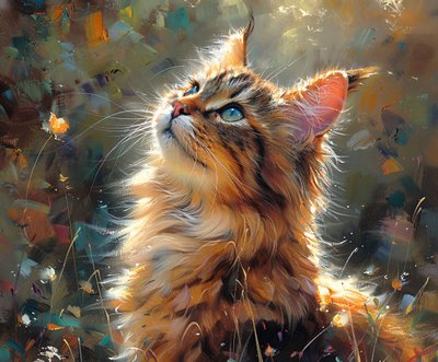 Fluffy cat looking up, Cute pet Realistic painting by F. Abderrahim