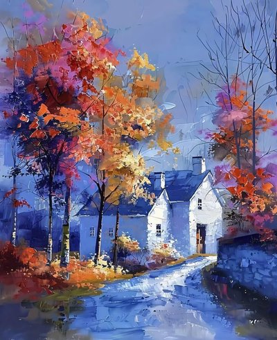 Landscape painting farm houses and cottages in cool blue tones by F. Abderrahim